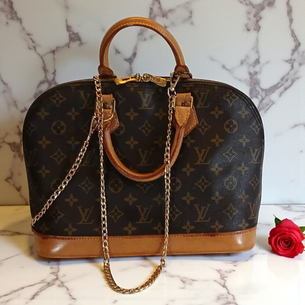 3PC Authentic Louis Vuitton Alma PM Vintage Monogram Canvas Bag & Chain/Dust Bag